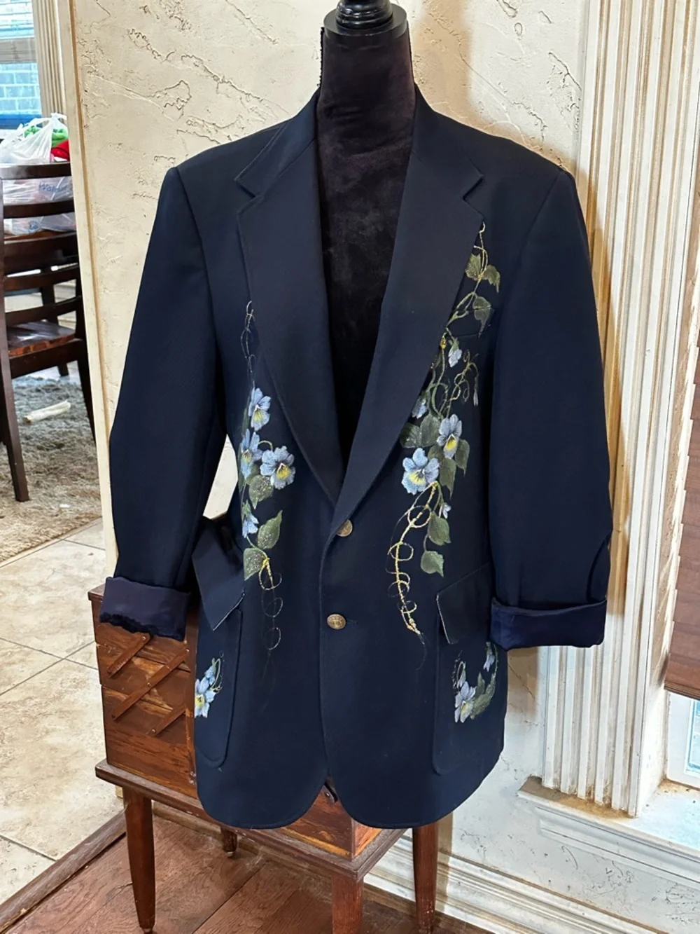 Navy Blue Hand Painted Floral Blazer size XL